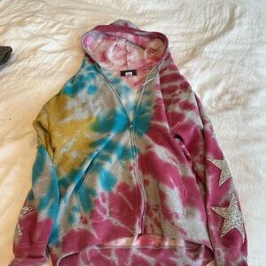LF Carmar Denim Tie Dye Zip Up Hoodie with Bedazzled Stars